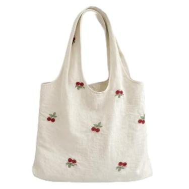 Imagem de Bolsa feminina de lona bordada, bolsa de ombro leve de grande capacidade para trabalho, Bege