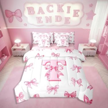 Imagem de Erosebridal Jogo de cama kawaii com laço fofo com laço e letra T em uma bolsa com lençóis, estilo princesa sonhadora, conjunto de edredom Queen, 7 peças, para crianças, adolescentes, mulheres, rosa