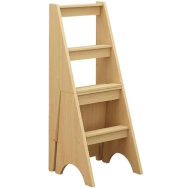 Imagem de Cadeira de escada dobrável simples e moderna cadeira dobrável, rack de armazenamento de sala de estar de 4 degraus, escadas de cozinha de dupla finalidade, fácil de instalar (Cor: Cor de madeira