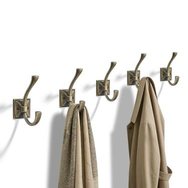 Imagem de TUNNY Pacote com 5 ganchos para pendurar na parede com design antigo – Ganchos de latão antigo escovado para toalha para armário de sapatos de entrada, guarda-roupa, banheiro, quarto, móveis