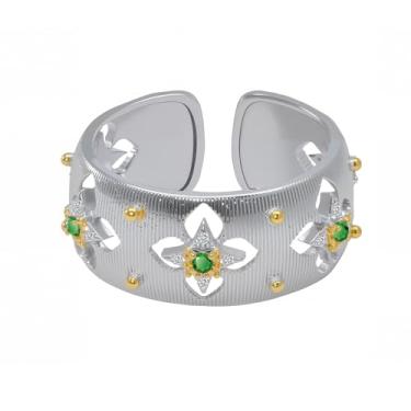 Imagem de Anel floral vintage ajustável para mulheres, anel largo banhado a platina com zircônia cúbica verde esmeralda e branco 3A, joia aberta retrô elegante presente para aniversários e aniversários.