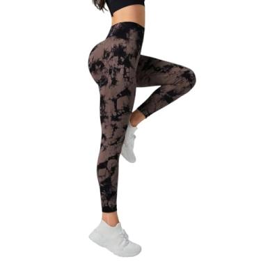 Imagem de tincolia Meia-calça feminina de ioga moderna tie dye, sem costura, alta elasticidade, controle de barriga, calça de corrida - marrom-G