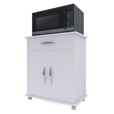 Imagem de Armário de Cozinha Multiuso com Rodízios, Branco, 1 Gaveta e 2 Portas, Organizador para Microondas e Eletrodomésticos