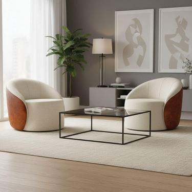 Imagem de Poltrona Sala Orgânica Kit 2 Lua Fixa Sintético Pu Nozes/linho D03 - D`rossi Cor Bege