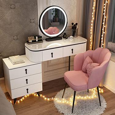 Imagem de Conjunto de mesa de maquiagem branco e dourado com espelho e luzes, banco acolchoado, 3 modos de iluminação, penteadeira elegante para mulheres e meninas, 100 cm, inclui gavetas