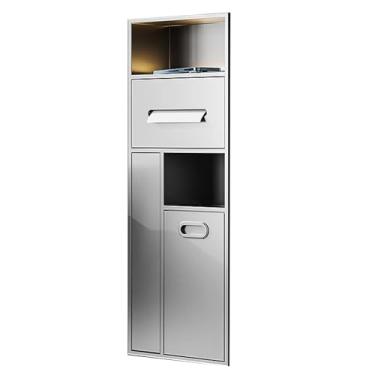 Imagem de Suporte de papel higiênico embutido de aço inoxidável e organizador de lixeira - Prateleira de chuveiro para banheiro, cozinha e sala de estar - Design branco elegante (30 x 78 cm)