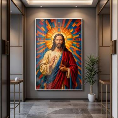 Imagem de Quadro com Moldura e Acrilico Cristal Vidro Jesus Ladrilho para Sala, 