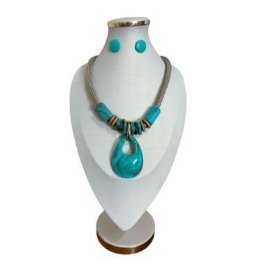 Imagem de Colar Maxi Feminino Pedra Resina Fio Encerado kit com brinco - MLBpel,