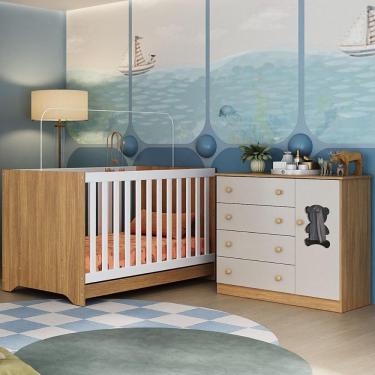 Imagem de Berço Americano 3 Em 1 Com Cômoda 1 Porta 4 Gavetas Teddy Multimóveis MP4723 Madeirado-off White