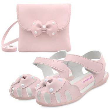 Imagem de Kit Sandália Menina Infantil Feminina Rosa Com Bolsa Laço Pérolas Mzki