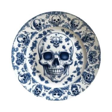Imagem de Prato Vintage Floral Azul E Branco Com Esqueleto, Decoração Plana 2D E