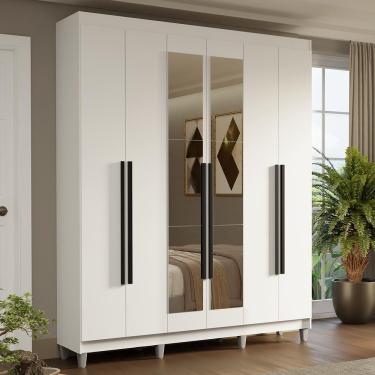 Imagem de Guarda Roupa Casal Saturno 6 Portas Batentes 4 Gavetas MDP com Espelho Branco-branco-preto
