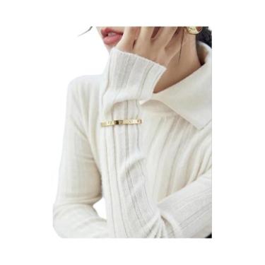 Imagem de Suéter Feminino De Tricô Gola Polo Slim Fit Manga Longa Macio E Quente