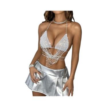 Imagem de Top Feminino Sexy Com Strass Brilhante, Sem Costas, Transparente Em Te