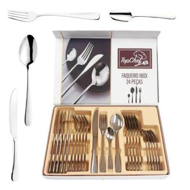 Imagem de Faqueiro Premium Jogo com 24 Peças 06 Garfos 06 Facas 06 Colheres de Mesa e Sobremesa e...