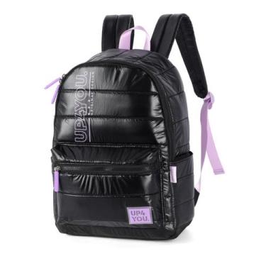 Imagem de Mochila Costas Juvenil Nailon Matelassê Puffer Preta Metalizado Up4you