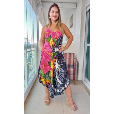 Imagem de Vestido Feminino Indiano Alça c/ Regulagem e Bolsos Trapézio Plus Size