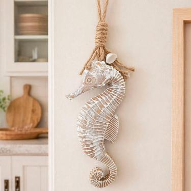 Imagem de Pendente Decorativo Cavalo Marinho de MDF Decoração Náutica 45cm Marrom