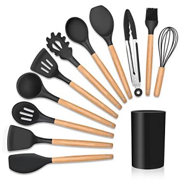 Imagem de Utensílios Cozinha 12 Peças Kit Silicone Cabo de Madeira Antiaderente Colher Copo Suporte Preto