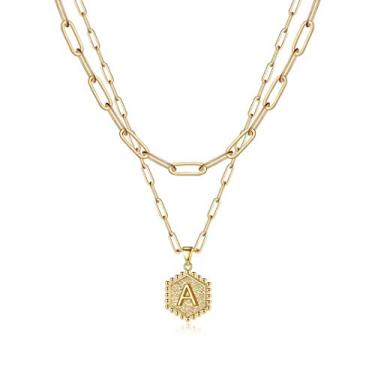 Imagem de M MOOHAM Colares femininos delicados em camadas com inicial para mulheres, banhado a ouro real 14 K, colar de corrente com clipe de papel, pingente de letra hexagonal, gargantilha