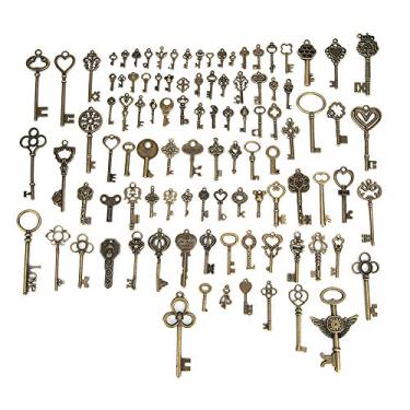 Imagem de Garosa Chave vintage 100 peças bronze vintage conjunto de berloques de chaves de esqueleto acessórios faça você mesmo colar pingentes, suprimentos de fabricação de joias para decoração de aniversário
