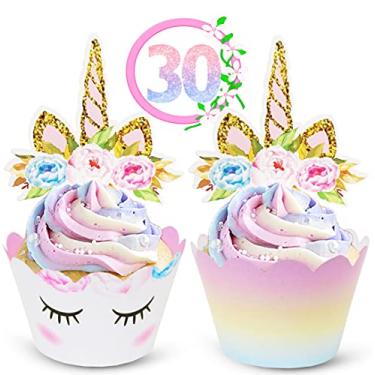 Imagem de Topos de cupcake de unicórnio e decorações de embrulho (30 de cada) – Forros de bolo reversíveis com revestimento de unicórnio | Artigos de decoração fofos para festa de aniversário de meninas
