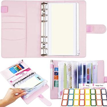 Imagem de AB1 Pasta multifuncional A6 com 12 bolsos transparentes com zíper e 12 folhas de orçamento envelopes de poliuretano organizador portátil para orçamento e economia de dinheiro AB1 (rosa)