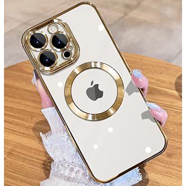 Imagem de JUESHITUO Capa magnética metálica brilhante transparente para iPhone 14 Pro com proteção total da capa da câmera [Ímãs N52 fortes N52] [Proteção contra quedas de grau militar] para mulheres e meninas (6,1 polegadas)-Dourado