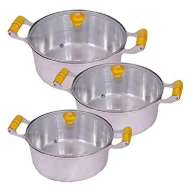 Imagem de Kit 3 Panelas Caçarola Alumínio Polido Tampa Vidro 14cm