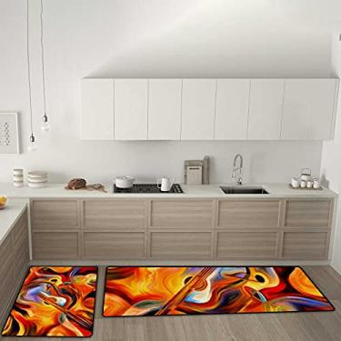 Imagem de Tapetes de cozinha coloridos com notas musicais melodias antiderrapantes conjunto de 2 tapetes de cozinha, tapete confortável antifadiga para sala de jantar, lavanderia, escritório