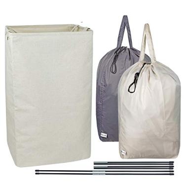 Imagem de Cesto de roupa grande 82L UniLiGis com 2 sacos de roupa suja com alças, cesto de roupas dobrável, cesta de roupa de algodão e linho para banheiro, brinquedos, organização de roupas, atualização bege