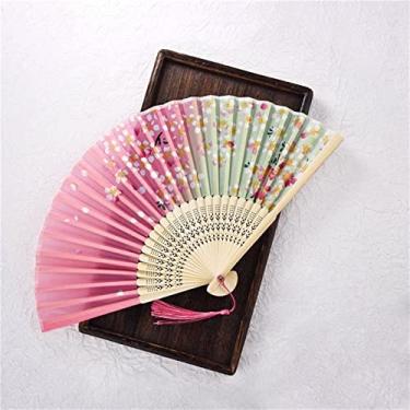 Imagem de Leque dobrável estilo vintage ventilador dobrável de seda padrão chinês japonês arte artesanato presente decoração de casa ornamentos ventilador de mão dança acessórios decorativos feitos à mão (cor: R, tamanho: 38X21cm)