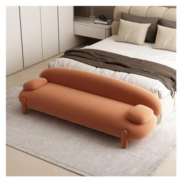 Imagem de Banco longo estofado de extremidade de cama, moderno com tufos de banco de cama moldura de madeira otomana, banco de destaque para entrada sala de jantar sala de estar banco de quarto (cor: laranja,