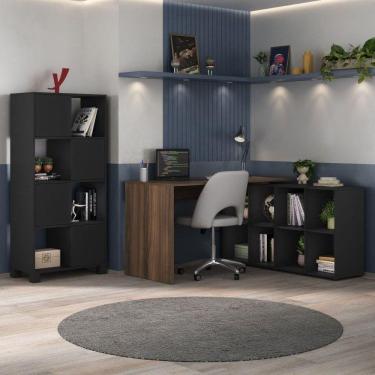 Imagem de Home Office Completo com Mesa em L e Armário Espaçoso Preto/Ipê
