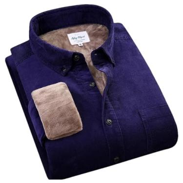 Imagem de Camisa masculina de veludo cotelê grosso de algodão quente, manga comprida, gola de botão, outono e inverno para homens, Azul marino, PP