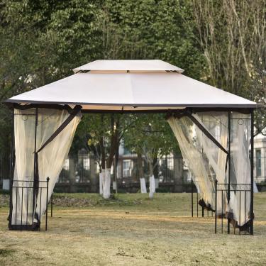 Imagem de Gazebo dossel macio exterior retangular em forma de pátio tenda jardim teto duplo tenda exterior churrasco gazebo tenda com rede para o seu quintal, pátio, jardim, exterior ou festa