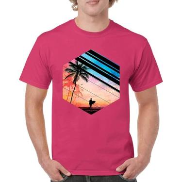 Imagem de Camiseta masculina Surfer Paradise Vintage Ocean Summer Surfing Wave Vacation Sea Beach Surfboard Peddle Boarding, Rosa choque, XXG