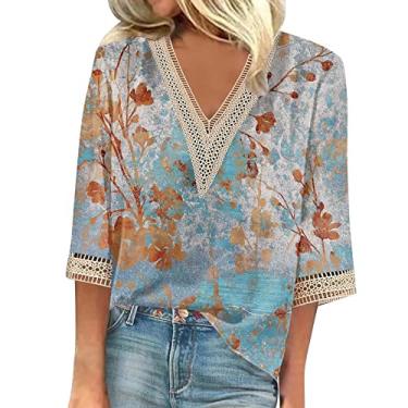 Imagem de Camisetas femininas de verão manga 3/4 com decote em V floral 2024, camisetas femininas casuais com acabamento em renda, blusas femininas elegantes e casuais, Laranja 58, 3G