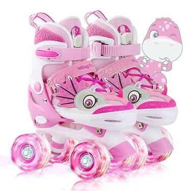Imagem de Patins infantis Dino Kids para meninos e meninas, WESKIFAN Dinosaur Quad Skating Shoes com rodas brilhantes e tamanhos ajustáveis patins para iniciantes presentes de aniversário de Natal (rosa, PP (6-9J))