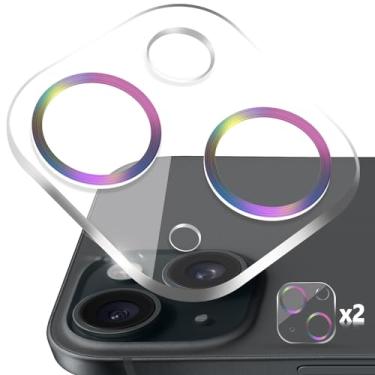 Imagem de MONASAY Pacote com 2 protetores de lente de câmera compatíveis com iPhone 15/iPhone 15 Plus [anti-arranhões] [cobertura total] 9H anel de alumínio embutido de vidro temperado capa para câmera, capa de