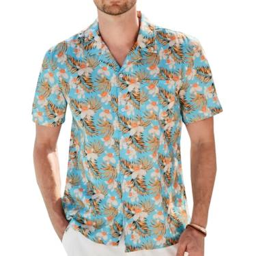 Imagem de Camisas masculinas havaianas florais de algodão com botões tropicais para férias na praia, Azul, GG