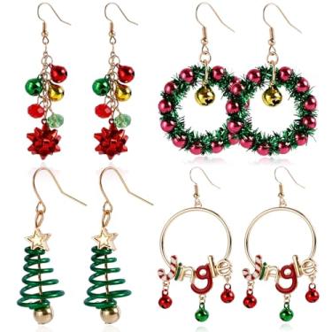 Imagem de Brincos de Natal para mulheres, brincos com pingente de Natal, guirlanda de árvore de Natal, arco de Natal, brincos de bola de jingle para decoração de joias de Natal, 4 pares, Zinco, Sem pedra