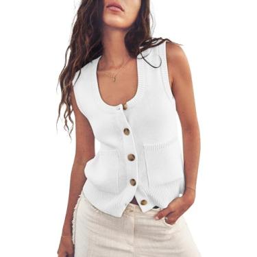 Imagem de Suéter feminino colete de verão com nervuras regatas sem mangas camisas de botão gola redonda para mulheres, Branco, Medium