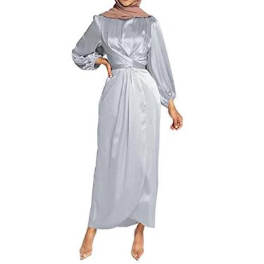 Imagem de Vestido feminino muçulmano de cetim Abaya elegante cintura império manga longa gola redonda vestido de oração Ramadã vestido de oração, C#_prata, G