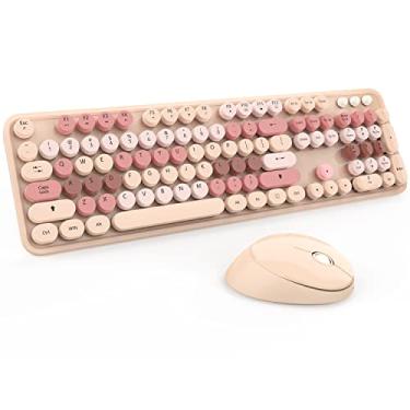 Imagem de Teclado e mouse sem fio, teclado e mouse Kootop fofos, teclado sem fio de 2,4 G com teclado redondo retrô para PC, Mac, laptop, tablet, Windows (chá de leite)