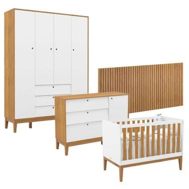 Imagem de Quarto de Bebê Unique 4 Portas com Cômoda Sapateira e Painel Ripado Branco Soft Freijó Eco Wood - Matic