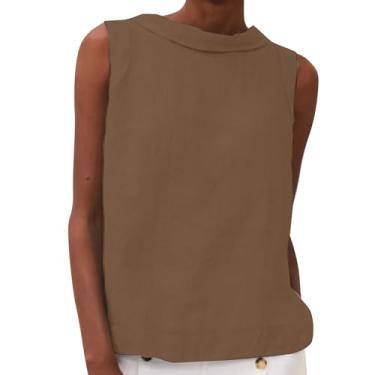 Imagem de Camisetas femininas de linho de verão 2024 lapela sem mangas cor sólida blusas casuais soltas elegantes túnicas de férias para sair, Café, 3G