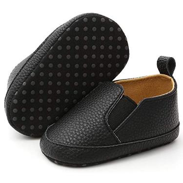 Imagem de Tênis infantil masculino e feminino Timatego mocassim sem cadarço de couro PU Oxford para bebês (3-18 meses), 03 Black, 6-12 Months Infant