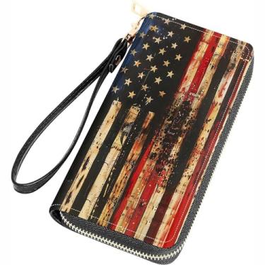 Imagem de FQTBCEARI Carteira feminina com estampa de Filipenses 4 a 13 com citações cruzadas de couro PU com zíper bolsa clutch para smartphone/cartão/moeda/dinheiro, Bandeira americana de madeira retrô