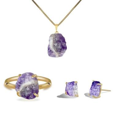 Imagem de Conjunto Natura Ametista Chevron - Cristal Natural, Banho Ouro 18k